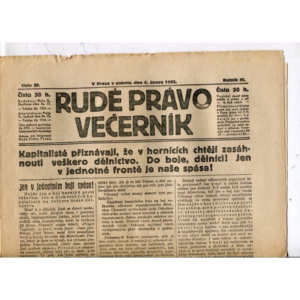Rudé právo - večerník, ročník III., číslo 29. (4.2.1922). 1. republika, noviny