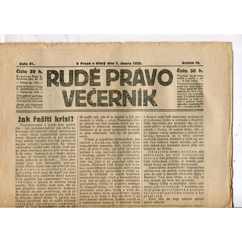 Rudé právo - večerník, ročník III., číslo 31. (7.2.1922). 1. republika, noviny