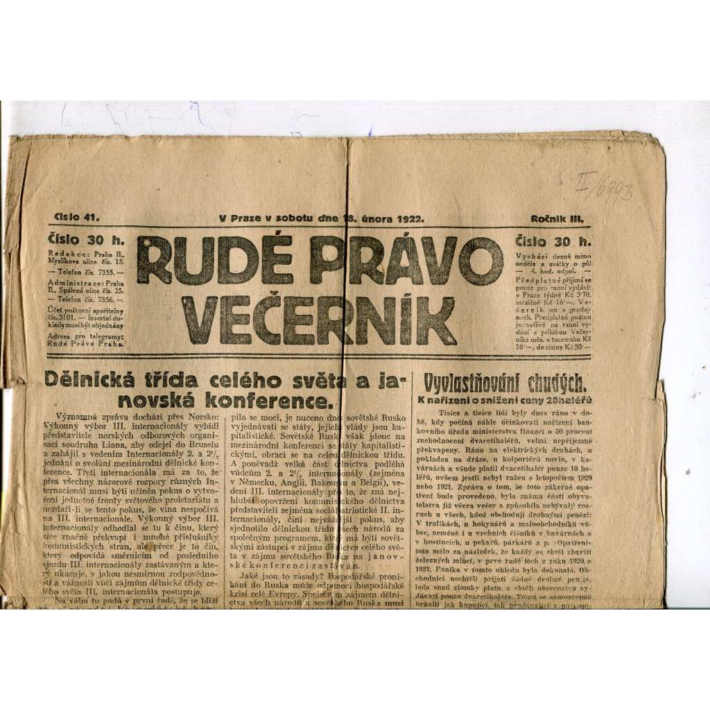 Rudé právo - večerník, ročník III., číslo 41. (18.2.1922). 1. republika, noviny