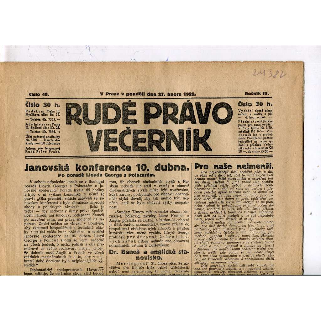 Rudé právo - večerník, ročník III., číslo 48. (27.2.1922). 1. republika, noviny