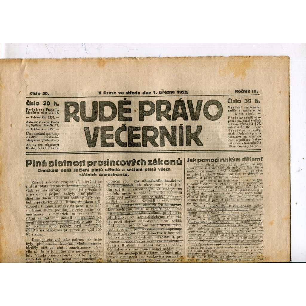 Rudé právo - večerník, ročník III., číslo 50. (1.3.1922). 1. republika, noviny