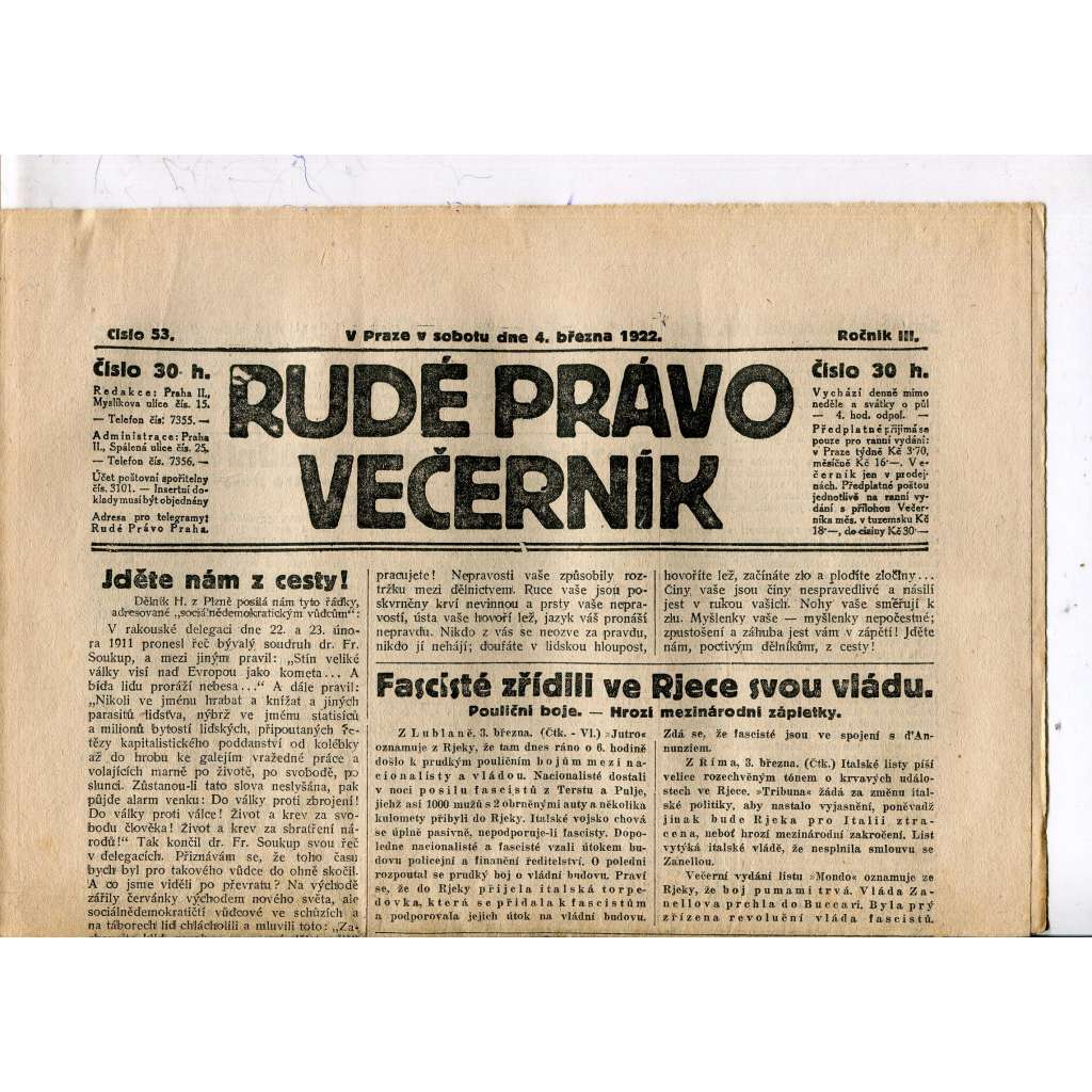 Rudé právo - večerník, ročník III., číslo 53. (4.3.1922). 1. republika, noviny
