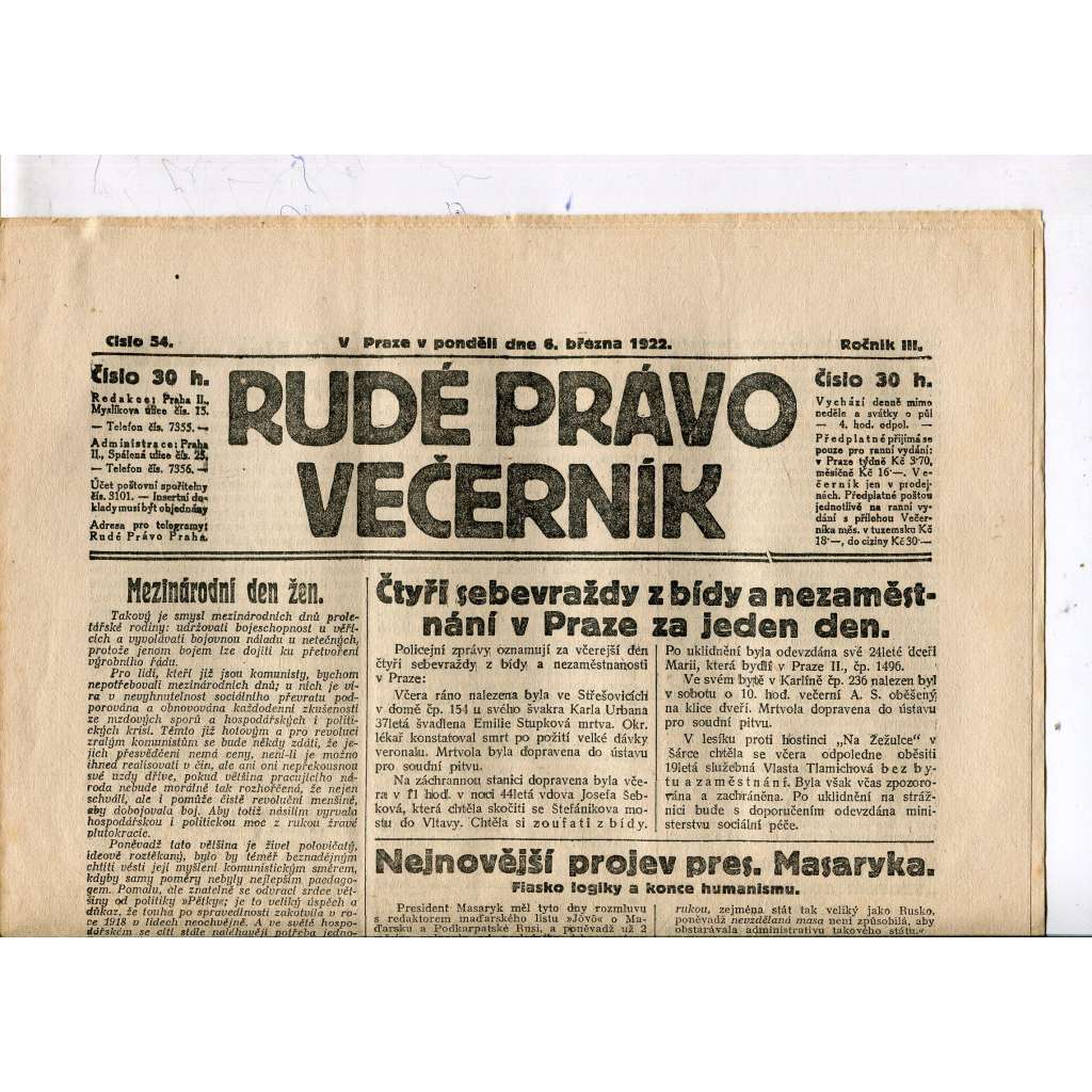 Rudé právo - večerník, ročník III., číslo 54. (6.3.1922). 1. republika, noviny