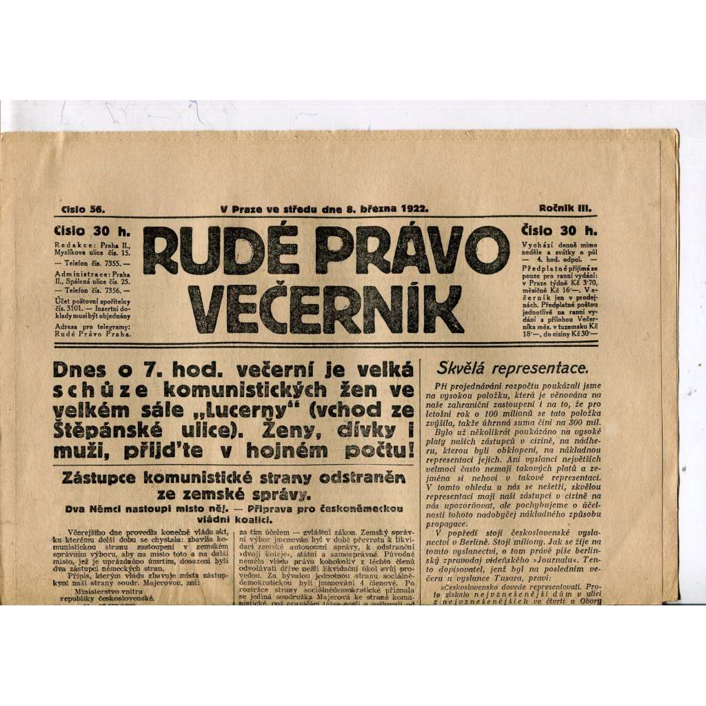 Rudé právo - večerník, ročník III., číslo 56. (8.3.1922). 1. republika, noviny