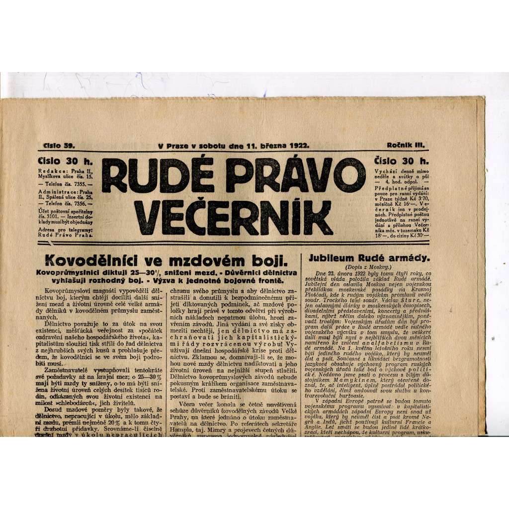 Rudé právo - večerník, ročník III., číslo 59. (11.3.1922). 1. republika, noviny