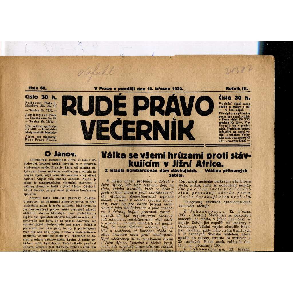 Rudé právo - večerník, ročník III., číslo 60. (13.3.1922). 1. republika, noviny