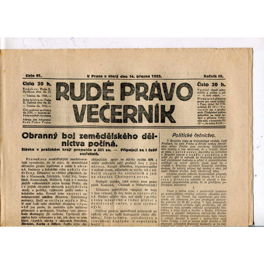 Rudé právo - večerník, ročník III., číslo 61. (14.3.1922). 1. republika, noviny