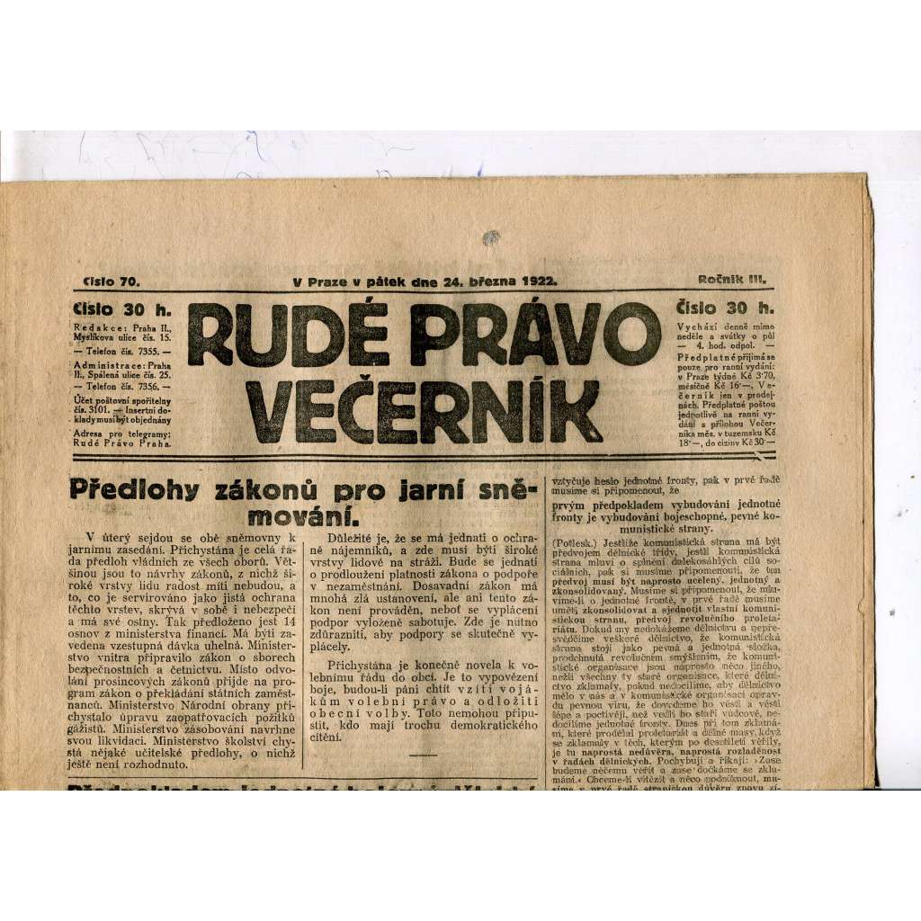 Rudé právo - večerník, ročník III., číslo 70. (24.3.1922). 1. republika, noviny