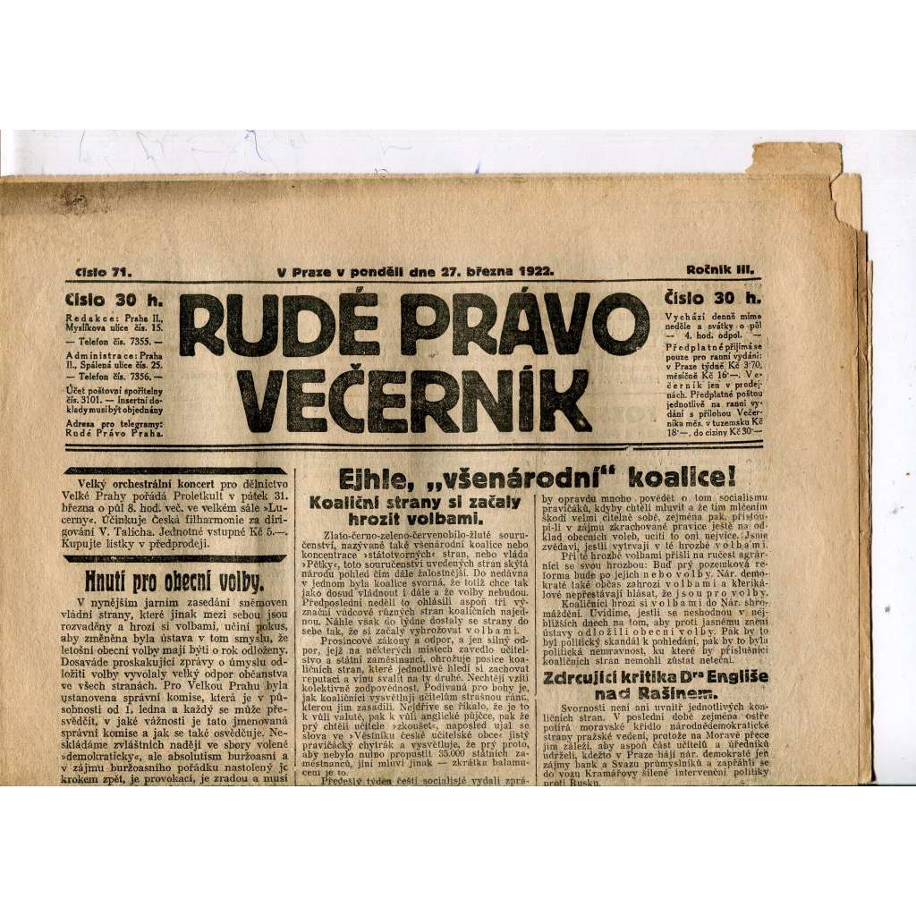 Rudé právo - večerník, ročník III., číslo 71. (27.3.1922). 1. republika, noviny