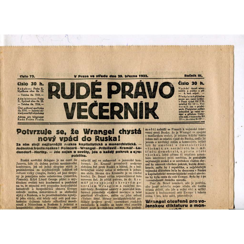 Rudé právo - večerník, ročník III., číslo 73. (29.3.1922). 1. republika, noviny
