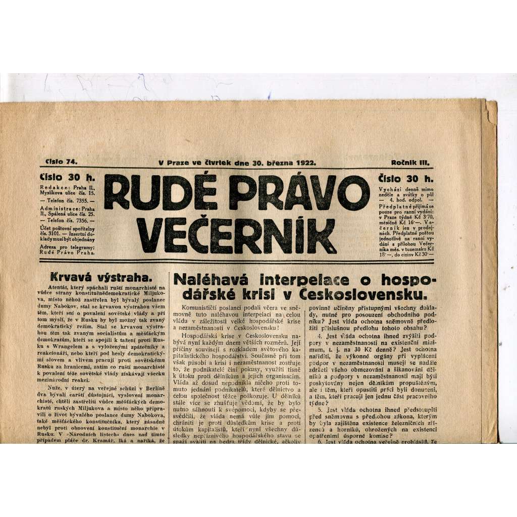 Rudé právo - večerník, ročník III., číslo 74. (30.3.1922). 1. republika, noviny