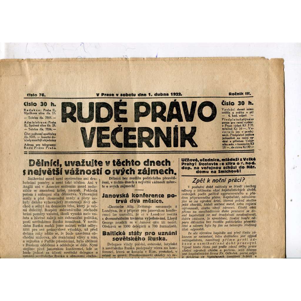 Rudé právo - večerník, ročník III., číslo 76. (1.4.1922). 1. republika, noviny