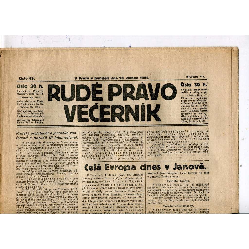 Rudé právo - večerník, ročník III., číslo 83. (10.4.1922). 1. republika, noviny