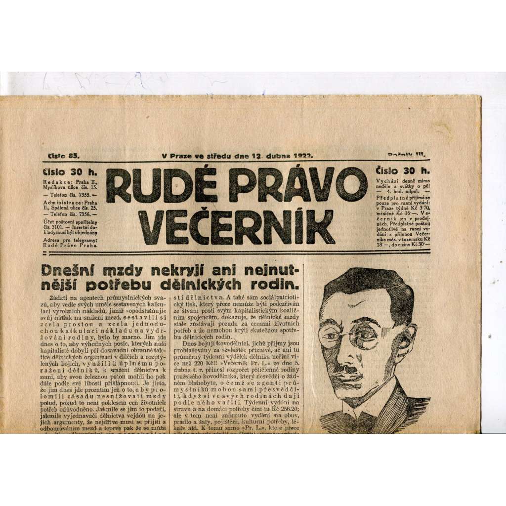 Rudé právo - večerník, ročník III., číslo 85. (12.4.1922). 1. republika, noviny