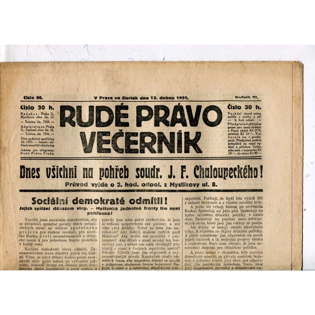 Rudé právo - večerník, ročník III., číslo 86. (13.4.1922). 1. republika, noviny