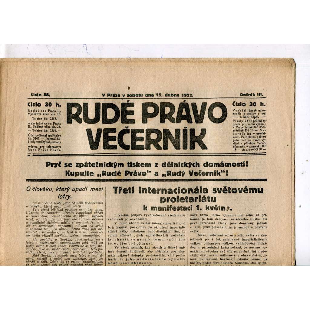 Rudé právo - večerník, ročník III., číslo 88. (15.4.1922). 1. republika, noviny