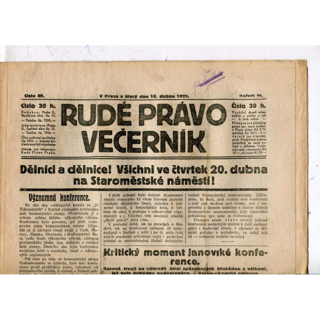Rudé právo - večerník, ročník III., číslo 89. (18.4.1922). 1. republika, noviny