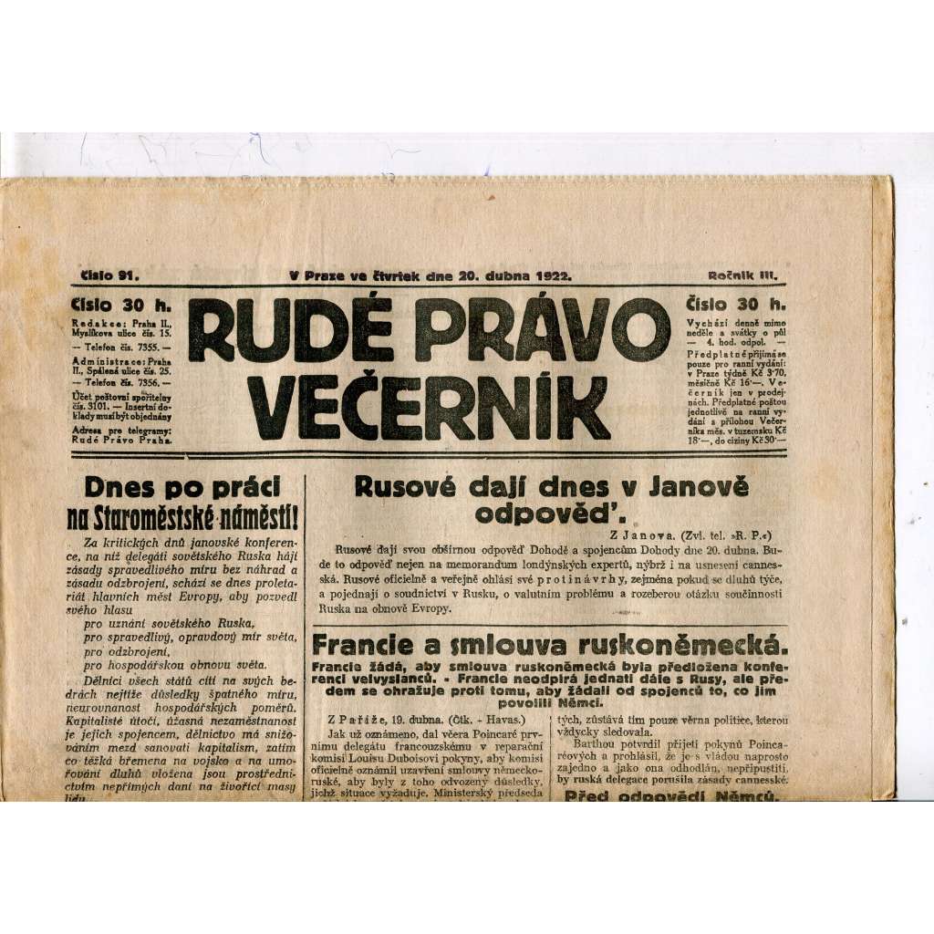 Rudé právo - večerník, ročník III., číslo 91. (20.4.1922). 1. republika, noviny