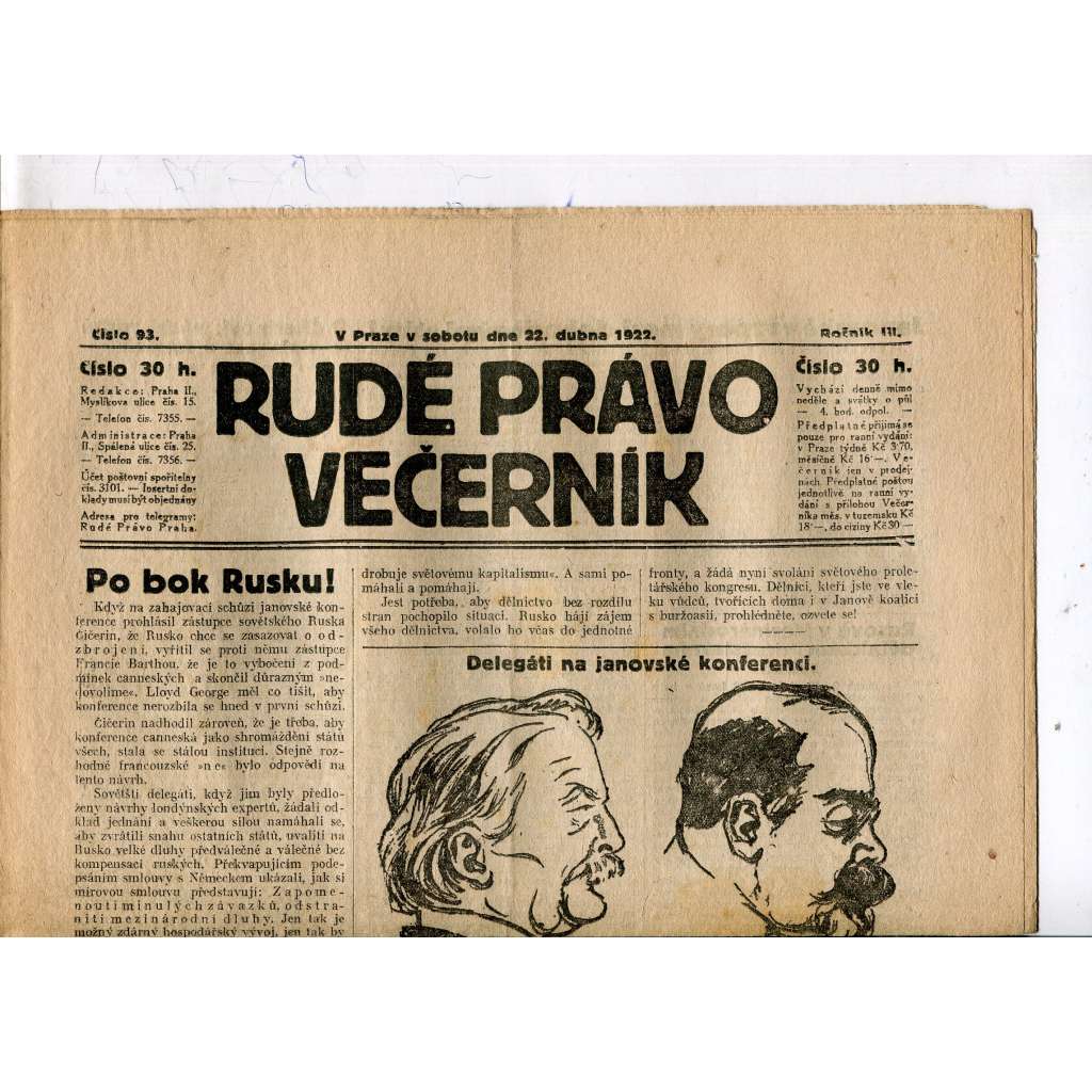 Rudé právo - večerník, ročník III., číslo 93. (22.4.1922). 1. republika, noviny