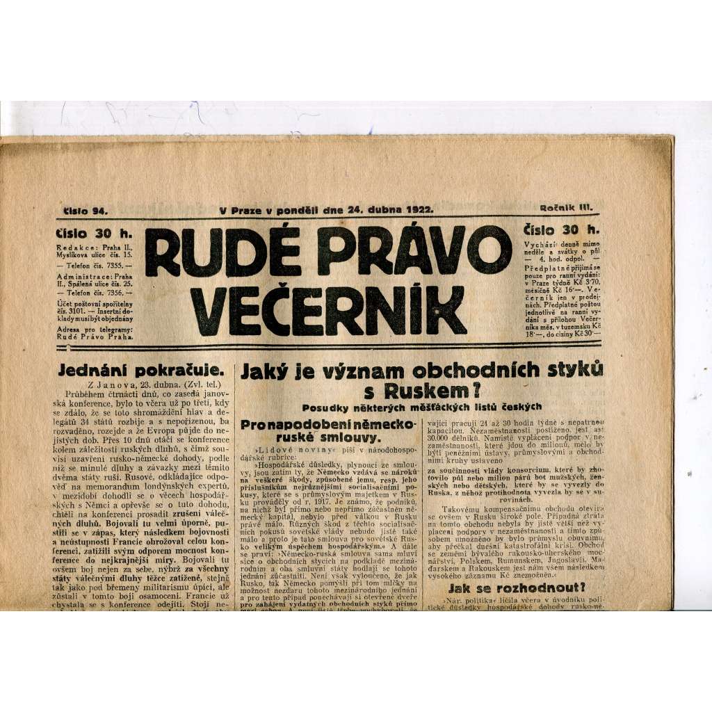 Rudé právo - večerník, ročník III., číslo 94. (24.4.1922). 1. republika, noviny