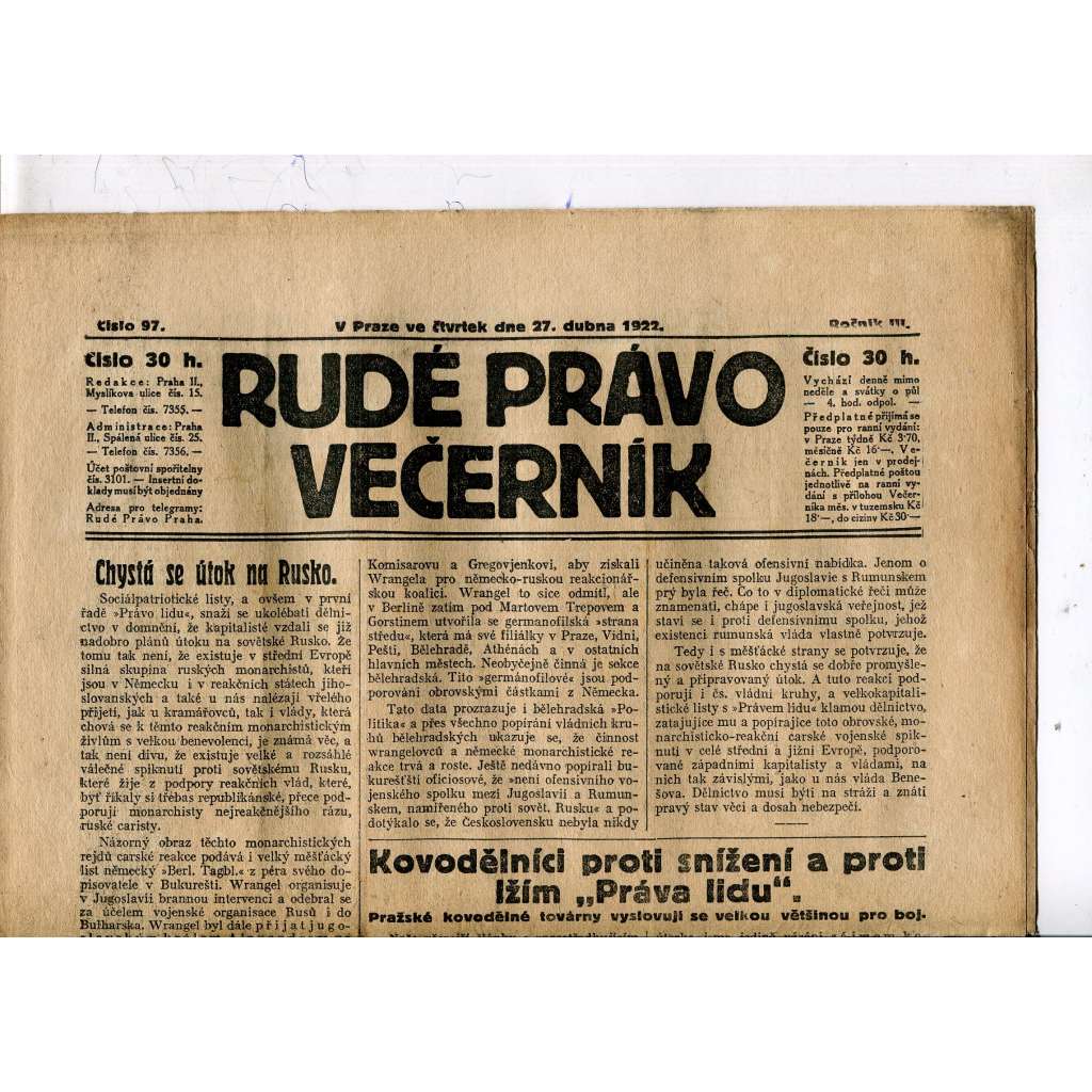 Rudé právo - večerník, ročník III., číslo 97. (27.4.1922). 1. republika, noviny