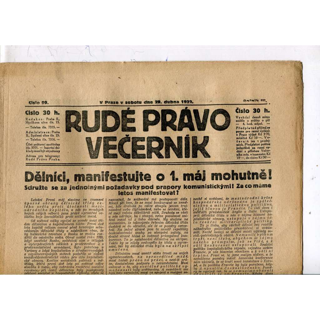 Rudé právo - večerník, ročník III., číslo 99. (29.4.1922). 1. republika, noviny