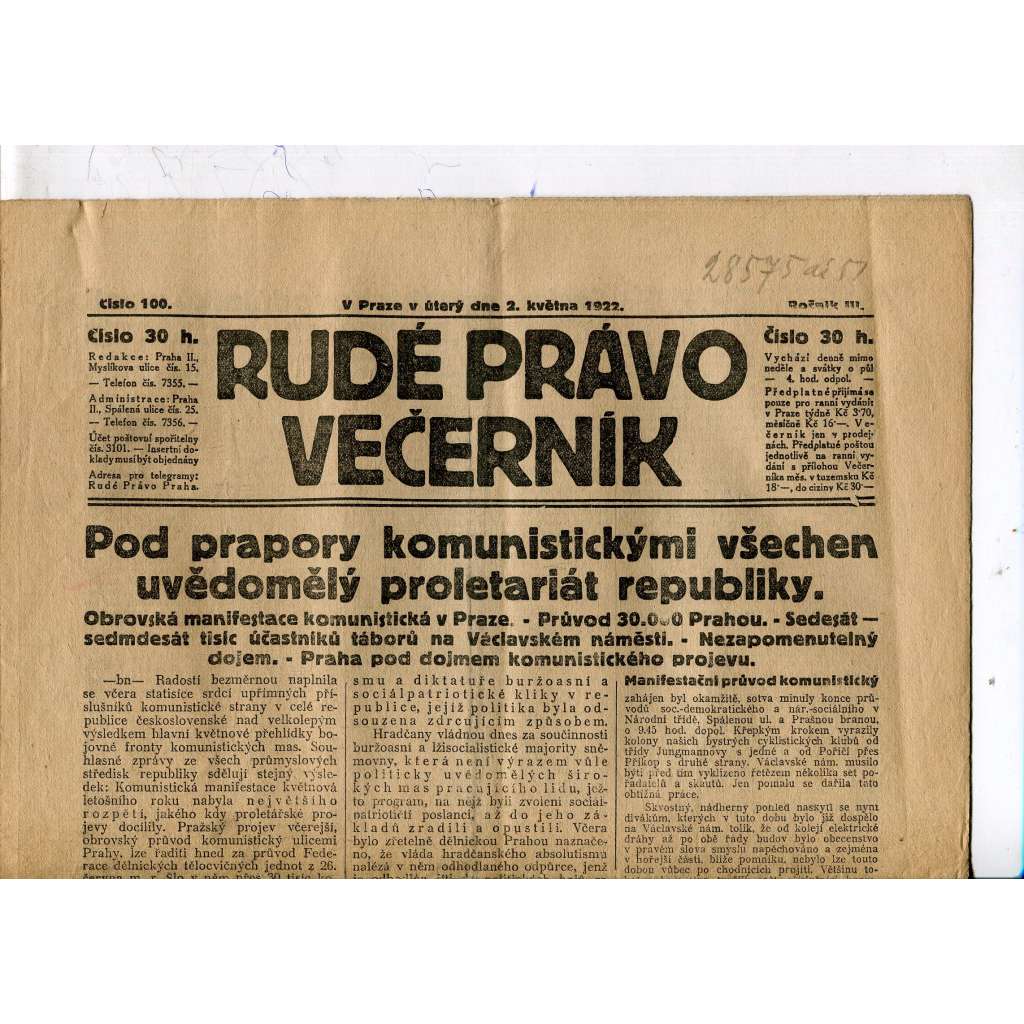 Rudé právo - večerník, ročník III., číslo 100. (2.5.1922). 1. republika, noviny