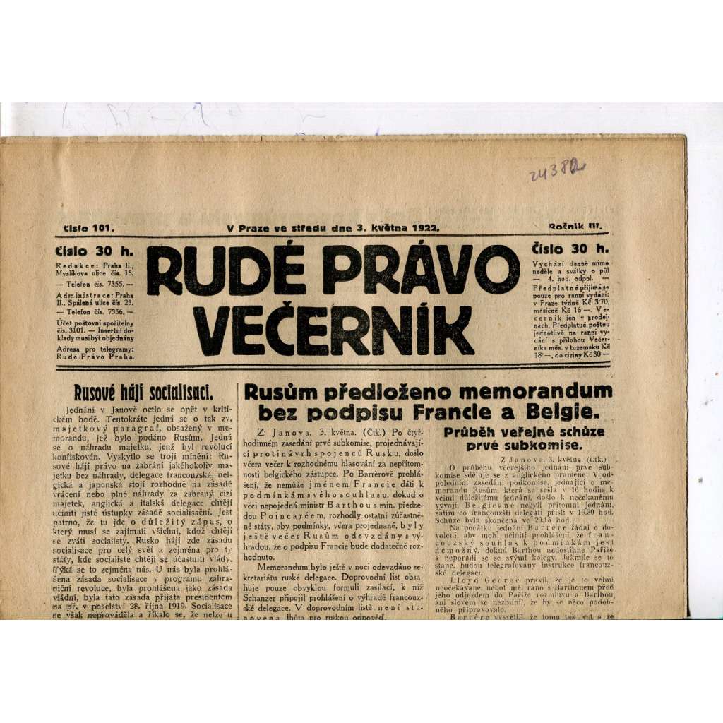 Rudé právo - večerník, ročník III., číslo 101. (3.5.1922). 1. republika, noviny