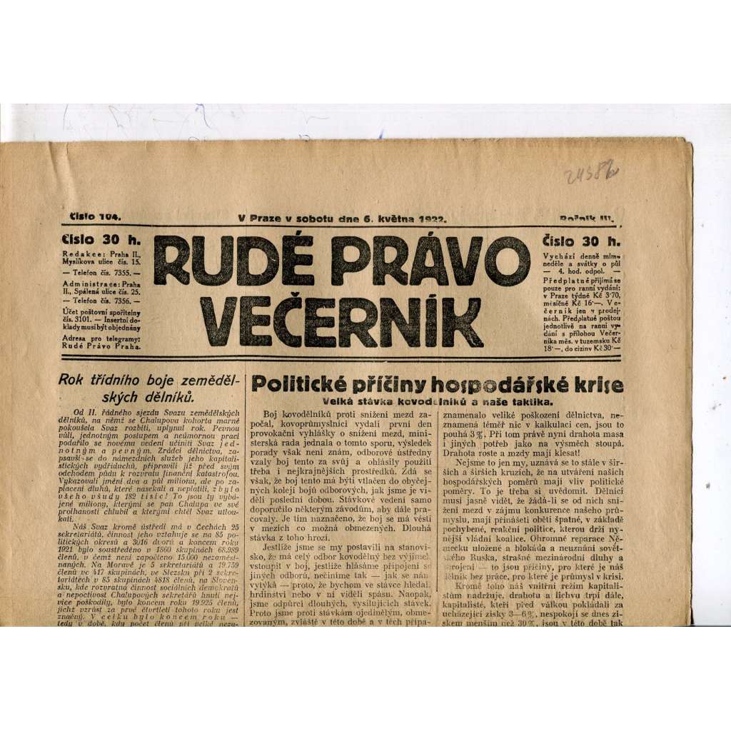 Rudé právo - večerník, ročník III., číslo 104. (6.5.1922). 1. republika, noviny