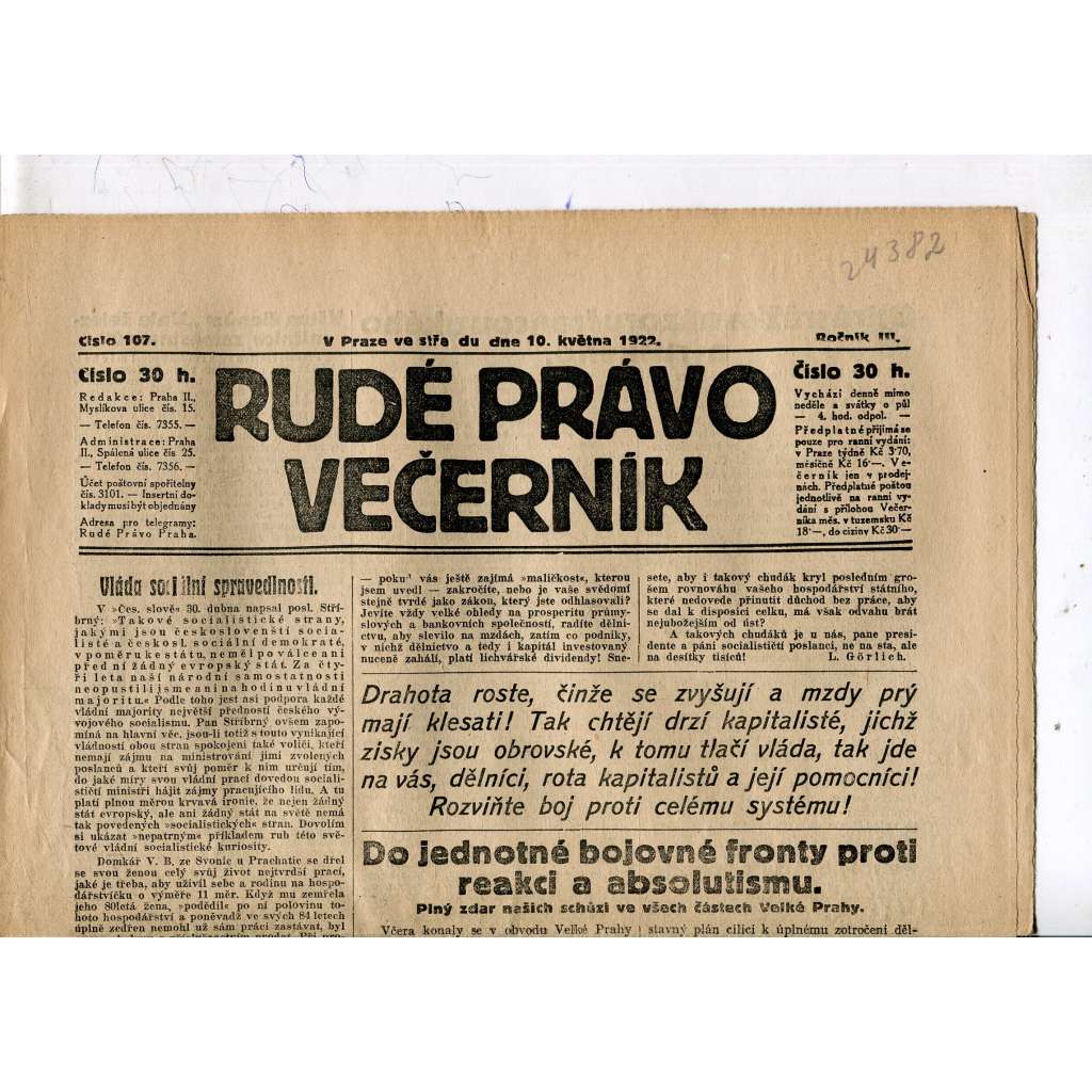 Rudé právo - večerník, ročník III., číslo 107. (10.5.1922). 1. republika, noviny