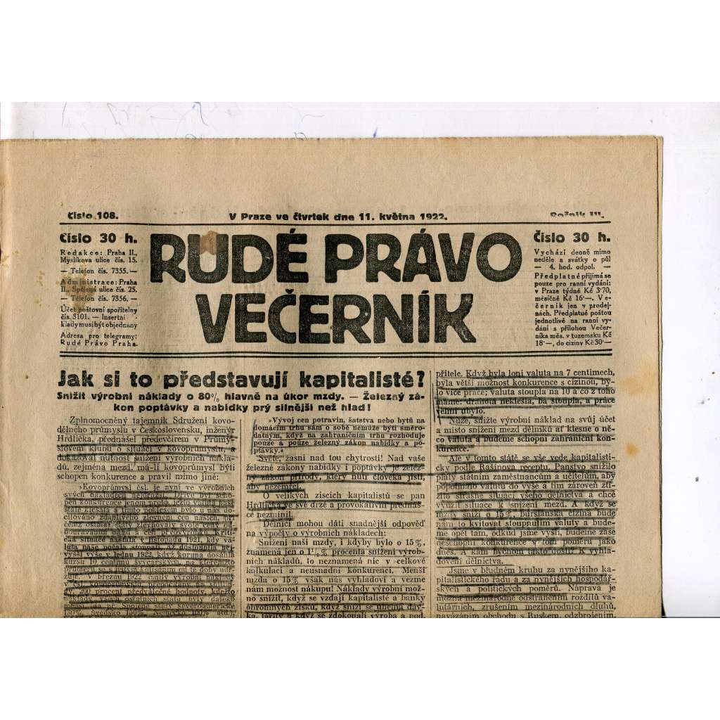 Rudé právo - večerník, ročník III., číslo 108. (11.5.1922). 1. republika, noviny