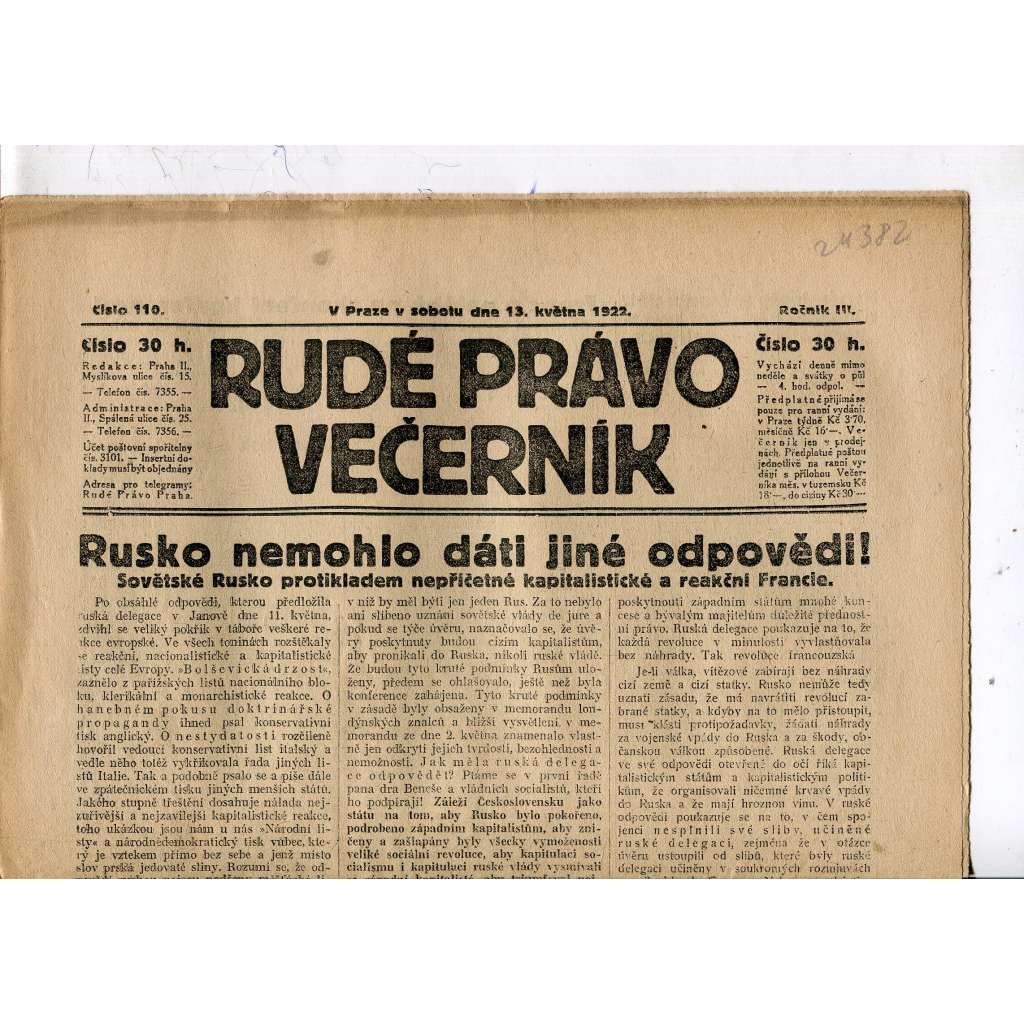 Rudé právo - večerník, ročník III., číslo 110. (13.5.1922). 1. republika, noviny