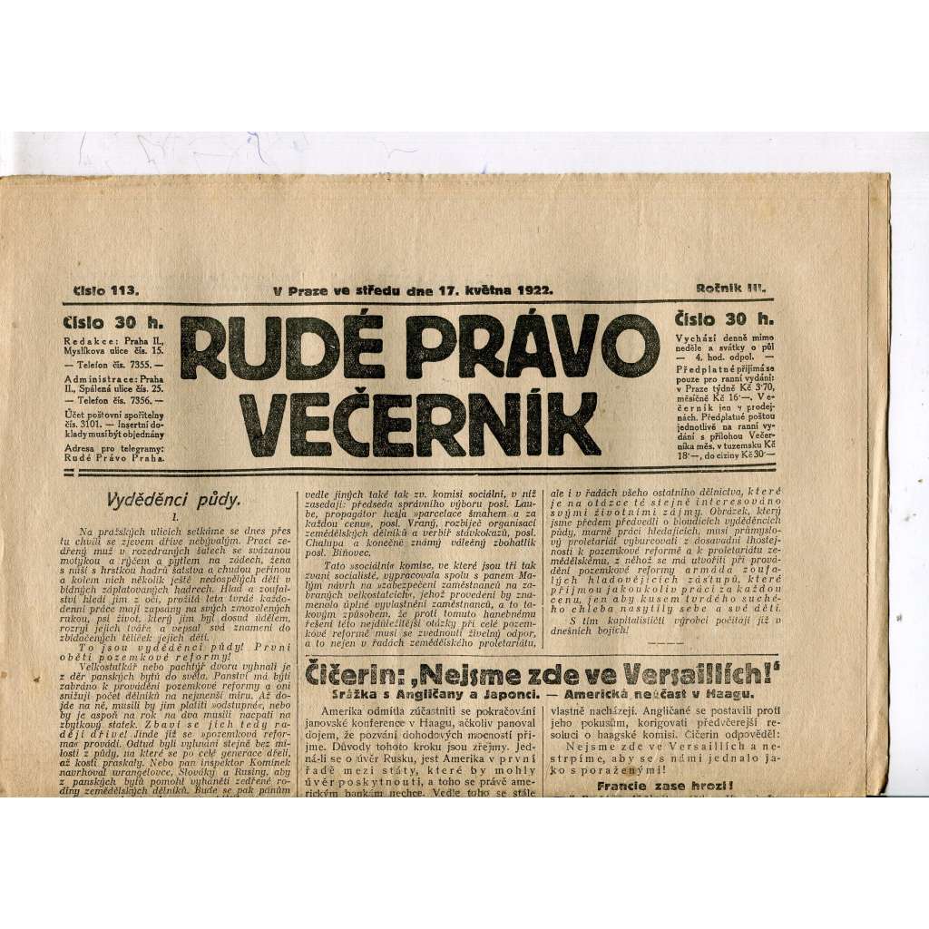 Rudé právo - večerník, ročník III., číslo 113. (17.5.1922). 1. republika, noviny