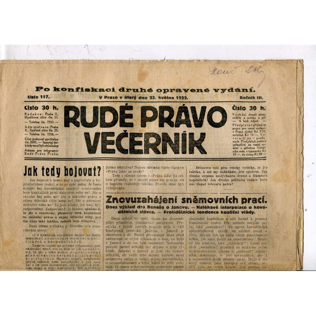 Rudé právo - večerník, ročník III., číslo 117. (23.5.1922). 1. republika, noviny