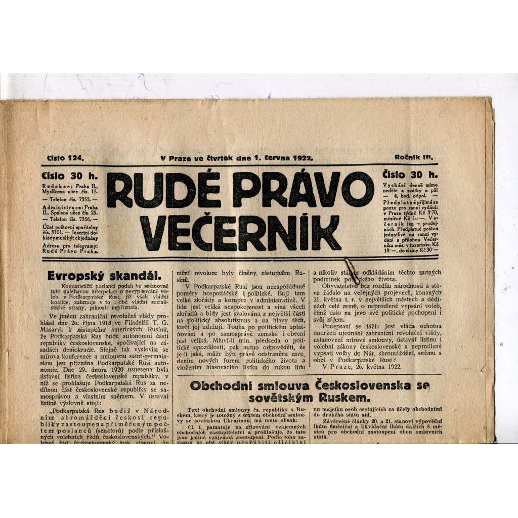 Rudé právo - večerník, ročník III., číslo 124. (1.6.1922). 1. republika, noviny