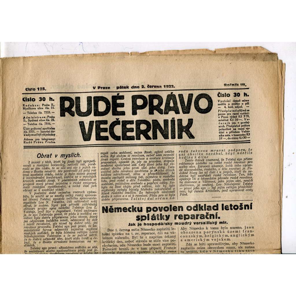 Rudé právo - večerník, ročník III., číslo 125. (2.6.1922). 1. republika, noviny