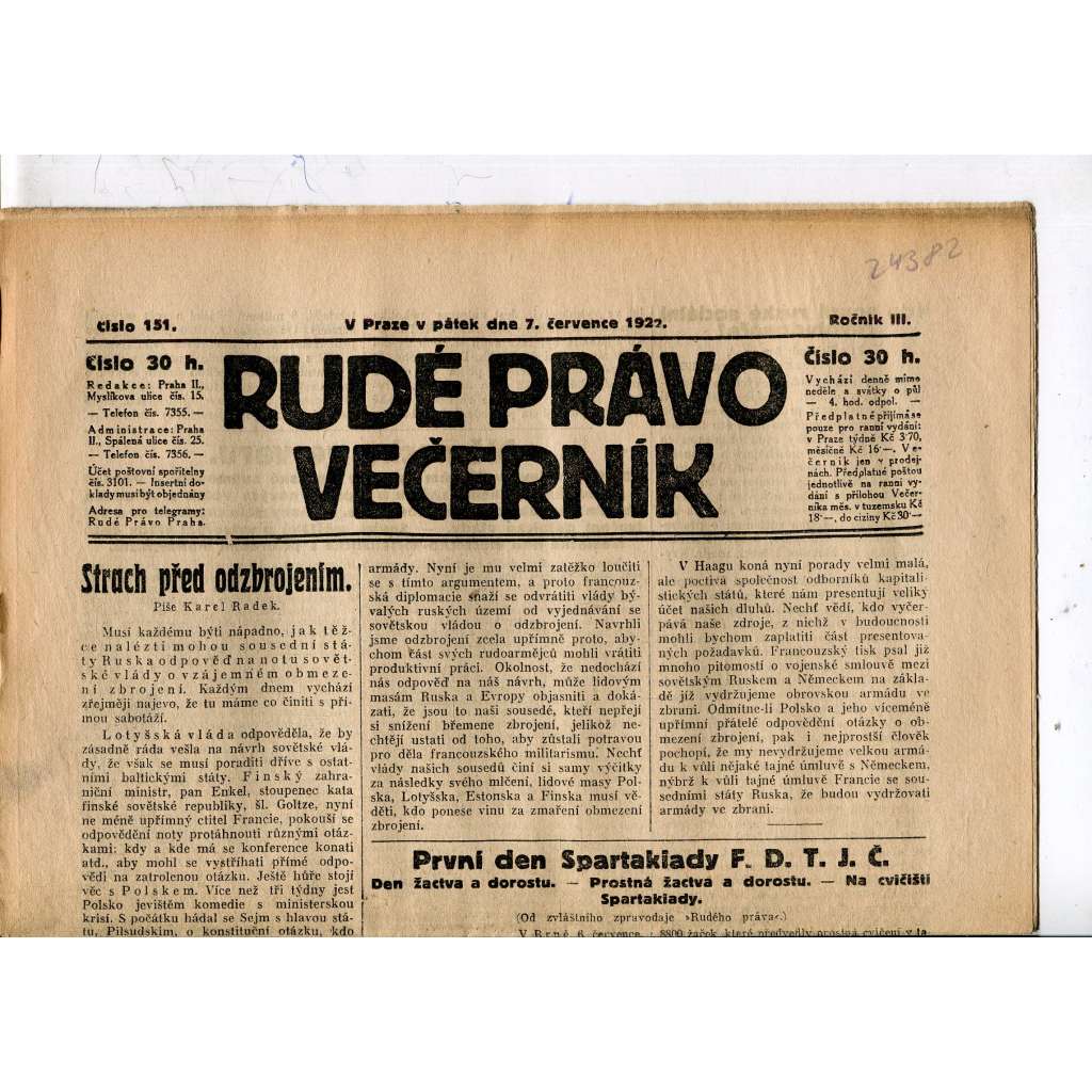 Rudé právo - večerník, ročník III., číslo 151. (7.7.1922). 1. republika, noviny