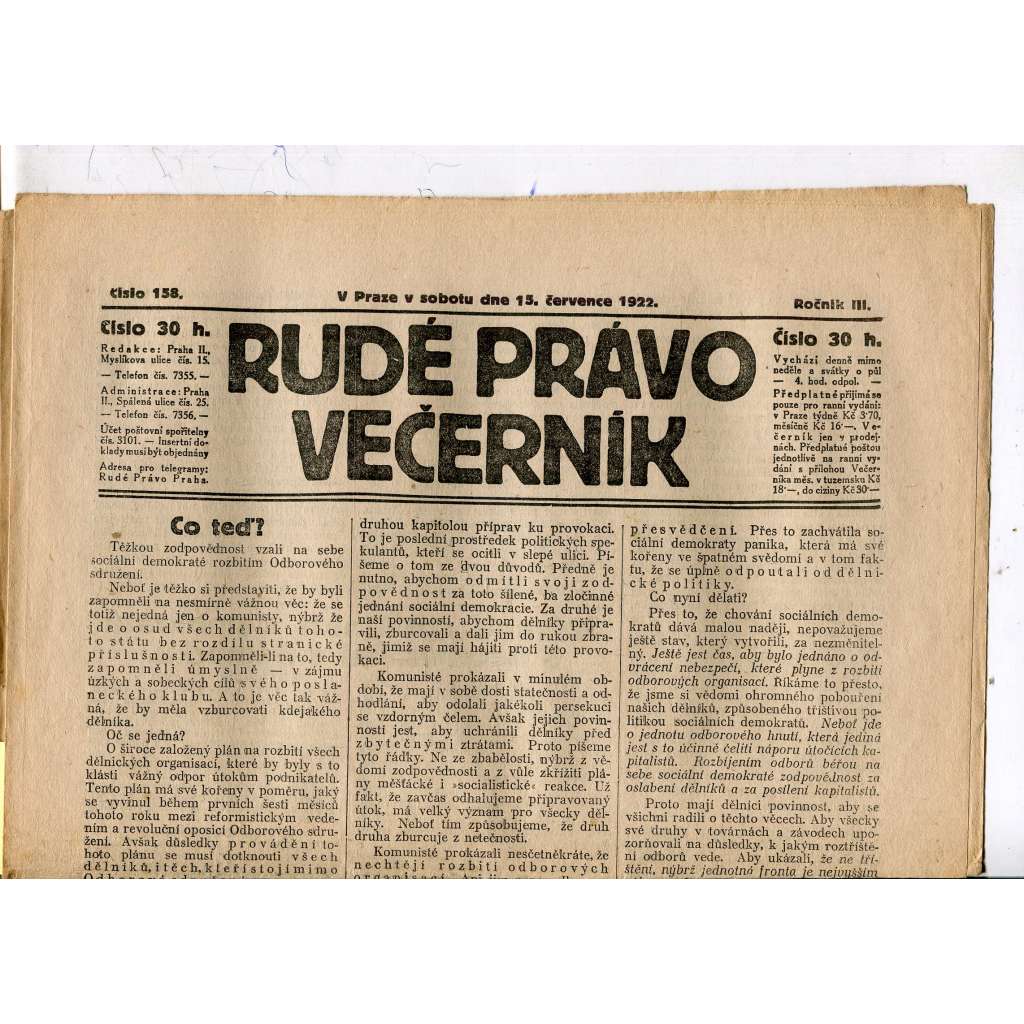 Rudé právo - večerník, ročník III., číslo 158. (15.7.1922). 1. republika, noviny