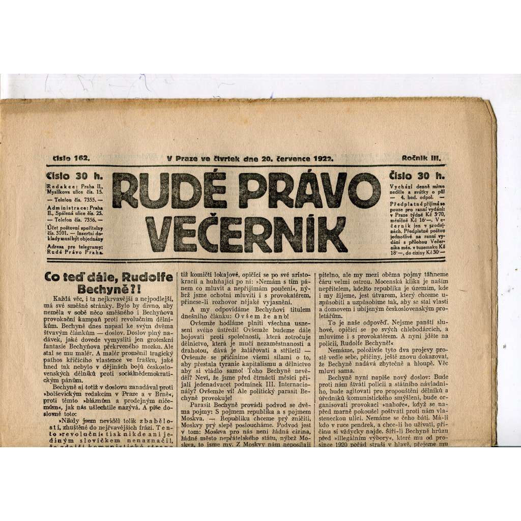 Rudé právo - večerník, ročník III., číslo 162. (20.7.1922). 1. republika, noviny