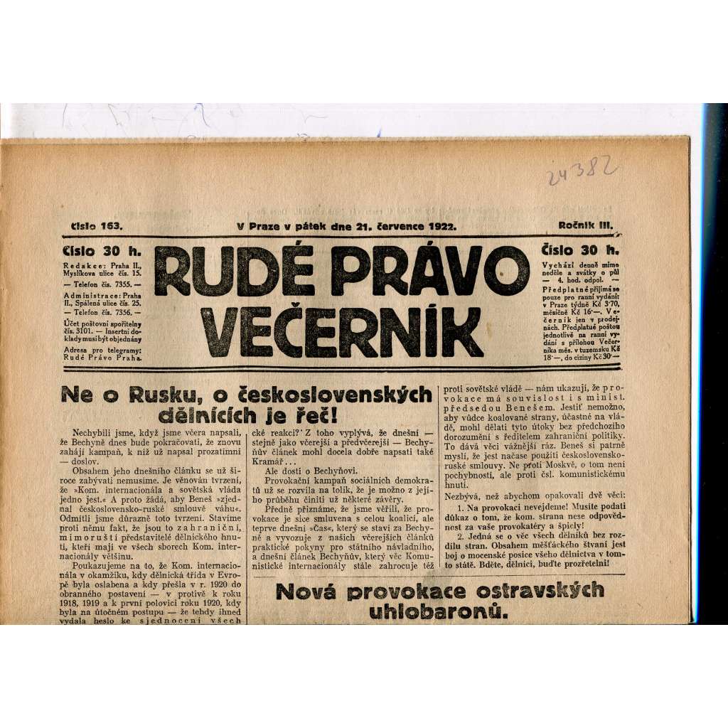 Rudé právo - večerník, ročník III., číslo 163. (21.7.1922). 1. republika, noviny