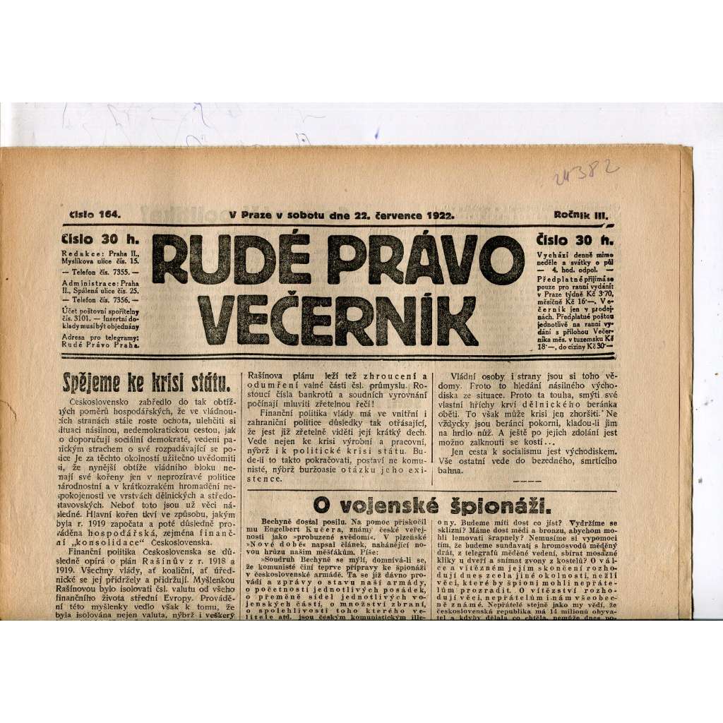 Rudé právo - večerník, ročník III., číslo 164. (22.7.1922). 1. republika, noviny