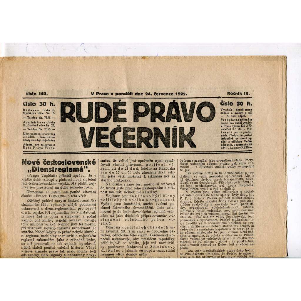 Rudé právo - večerník, ročník III., číslo 165. (24.7.1922). 1. republika, noviny