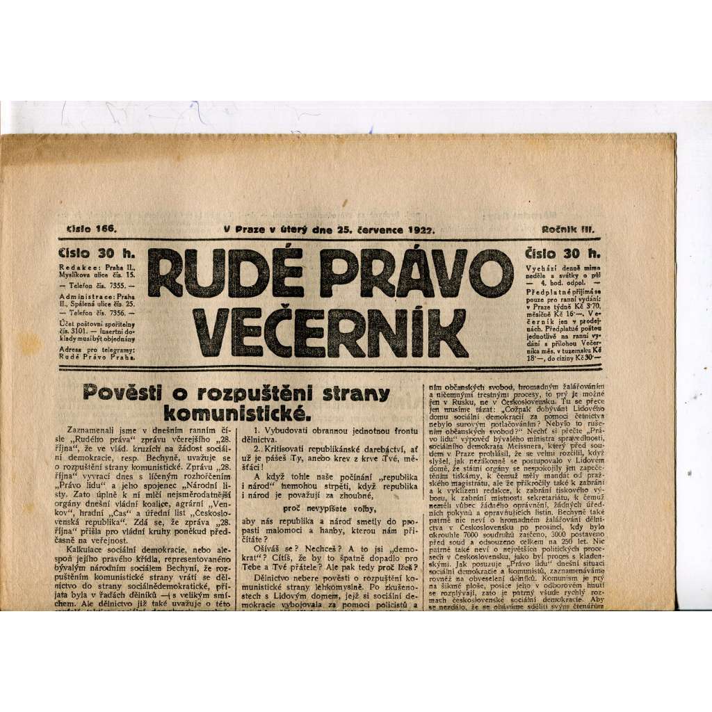 Rudé právo - večerník, ročník III., číslo 166. (25.7.1922). 1. republika, noviny