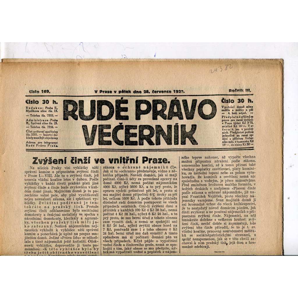 Rudé právo - večerník, ročník III., číslo 169. (28.7.1922). 1. republika, noviny