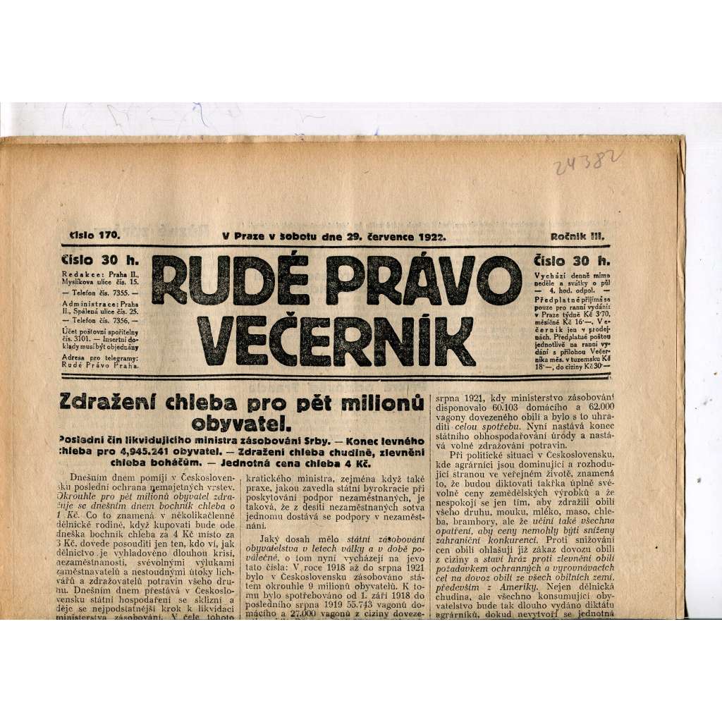 Rudé právo - večerník, ročník III., číslo 170. (29.7.1922). 1. republika, noviny