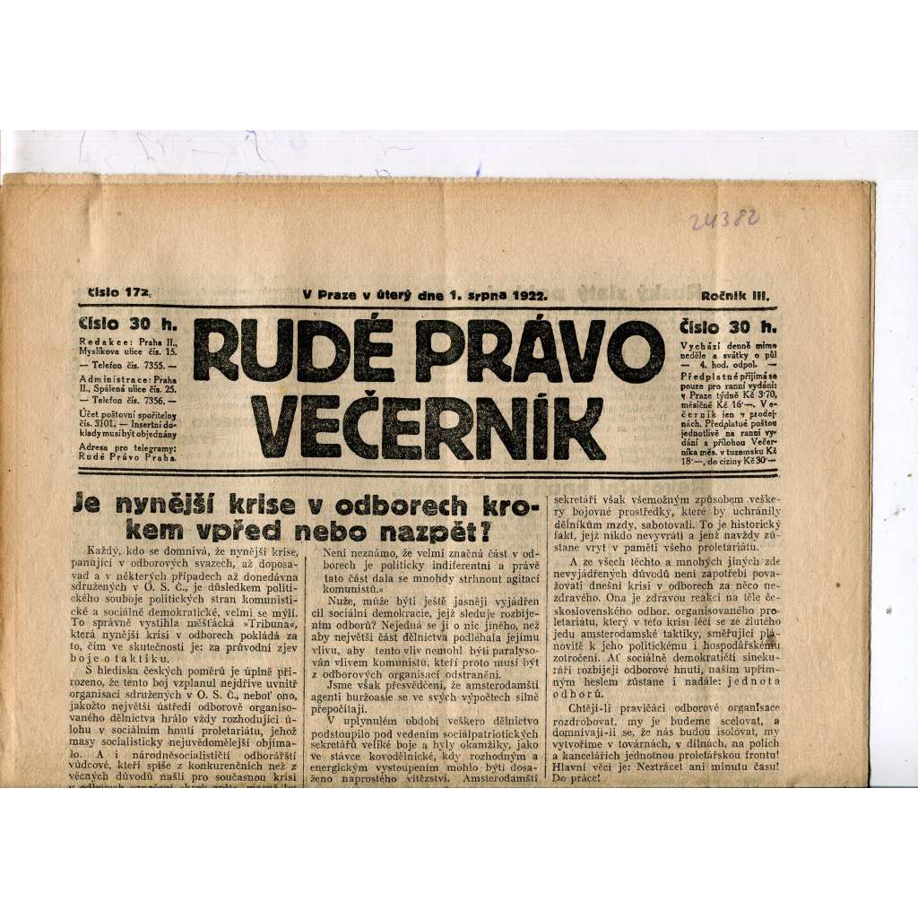 Rudé právo - večerník, ročník III., číslo 172. (1.8.1922). 1. republika, noviny