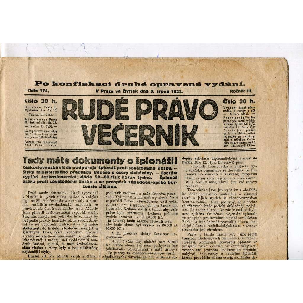 Rudé právo - večerník, ročník III., číslo 174. (3.8.1922). 1. republika, noviny