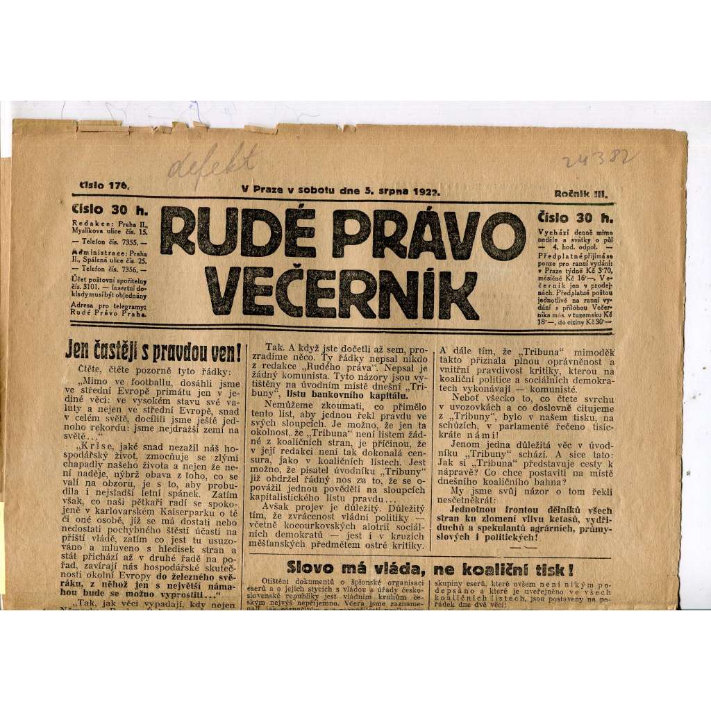 Rudé právo - večerník, ročník III., číslo 176. (5.8.1922). 1. republika, noviny