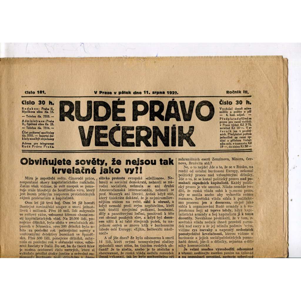 Rudé právo - večerník, ročník III., číslo 181. (11.8.1922). 1. republika, noviny