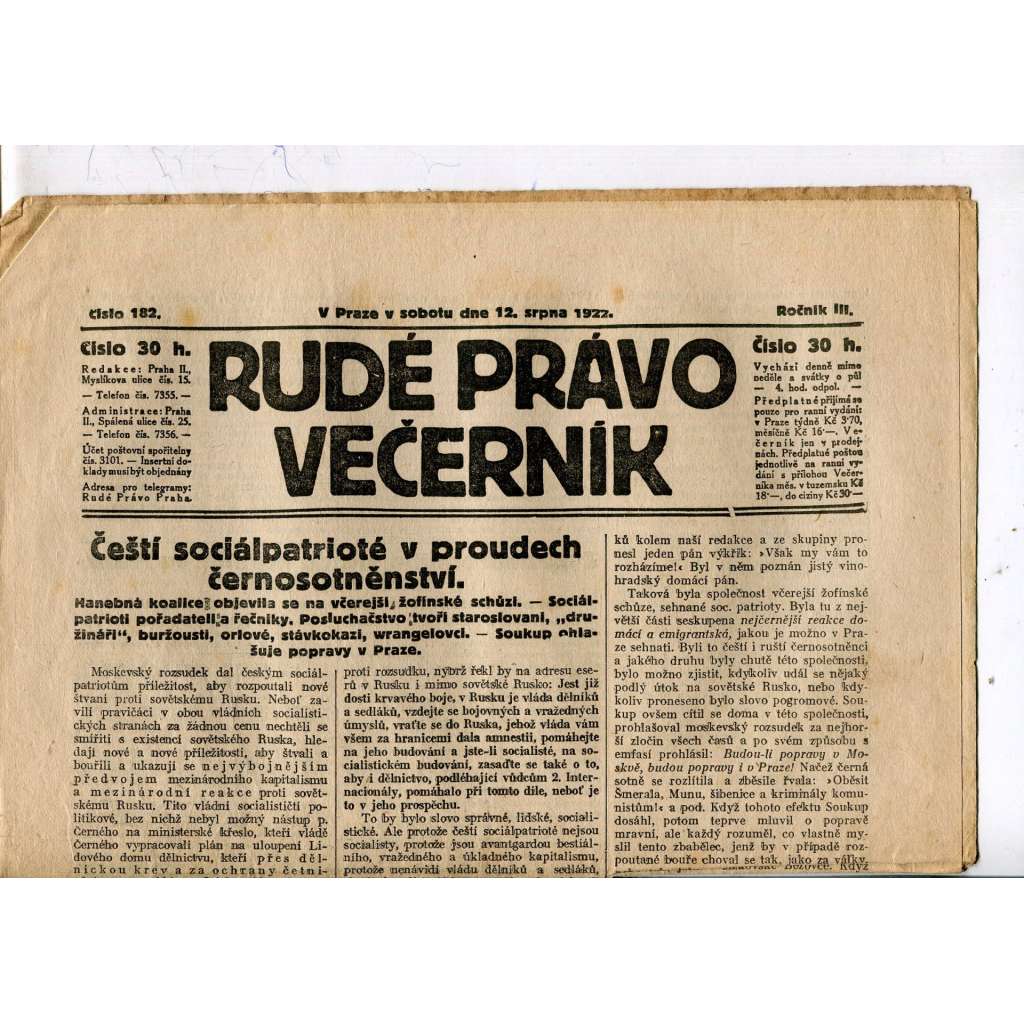 Rudé právo - večerník, ročník III., číslo 182. (12.8.1922). 1. republika, noviny